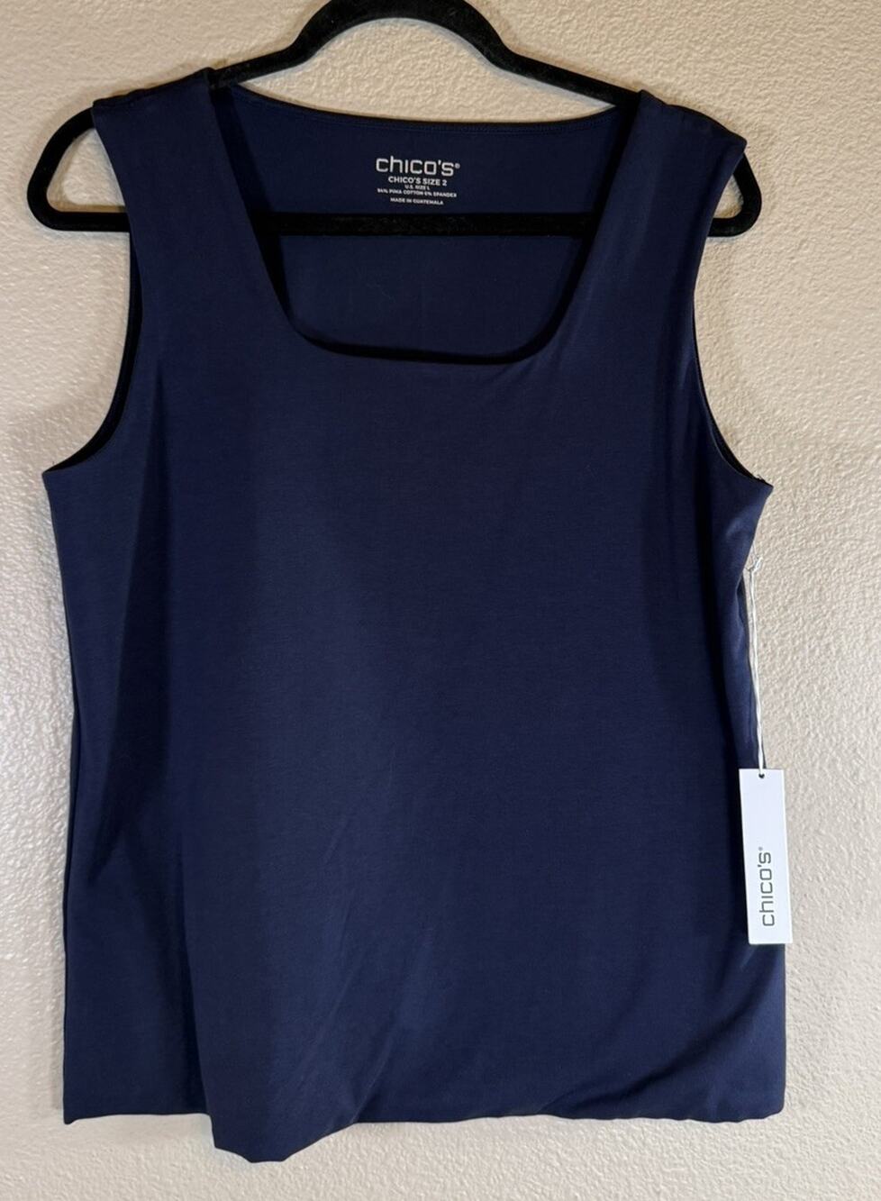 NWT Chico's 2/Large Countour Cotton Square Neck Tank Basic Knit Classic Navy